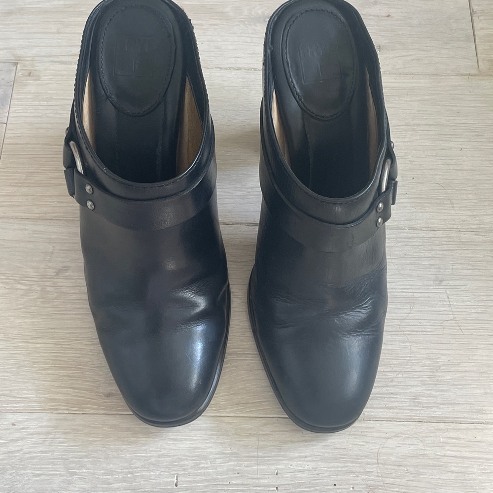 Frye black mule heels size 8